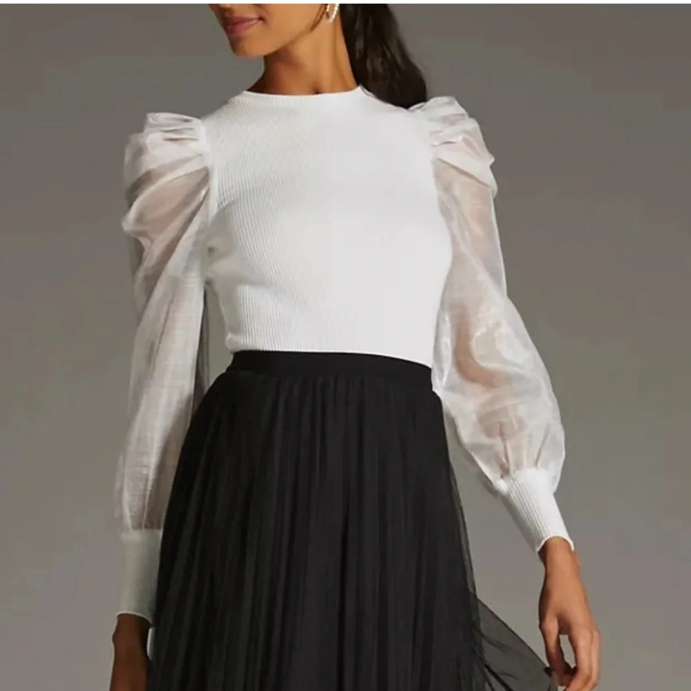 Anthropologie White Sheer Sleeve Top